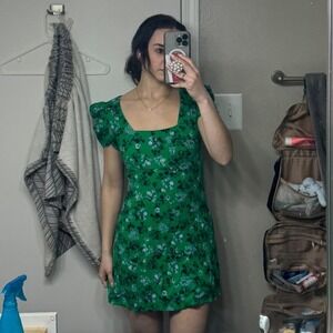 Row A Green Floral Puff Sleeve Mini Dress Square Neck 26T5918JMI Womens Size S